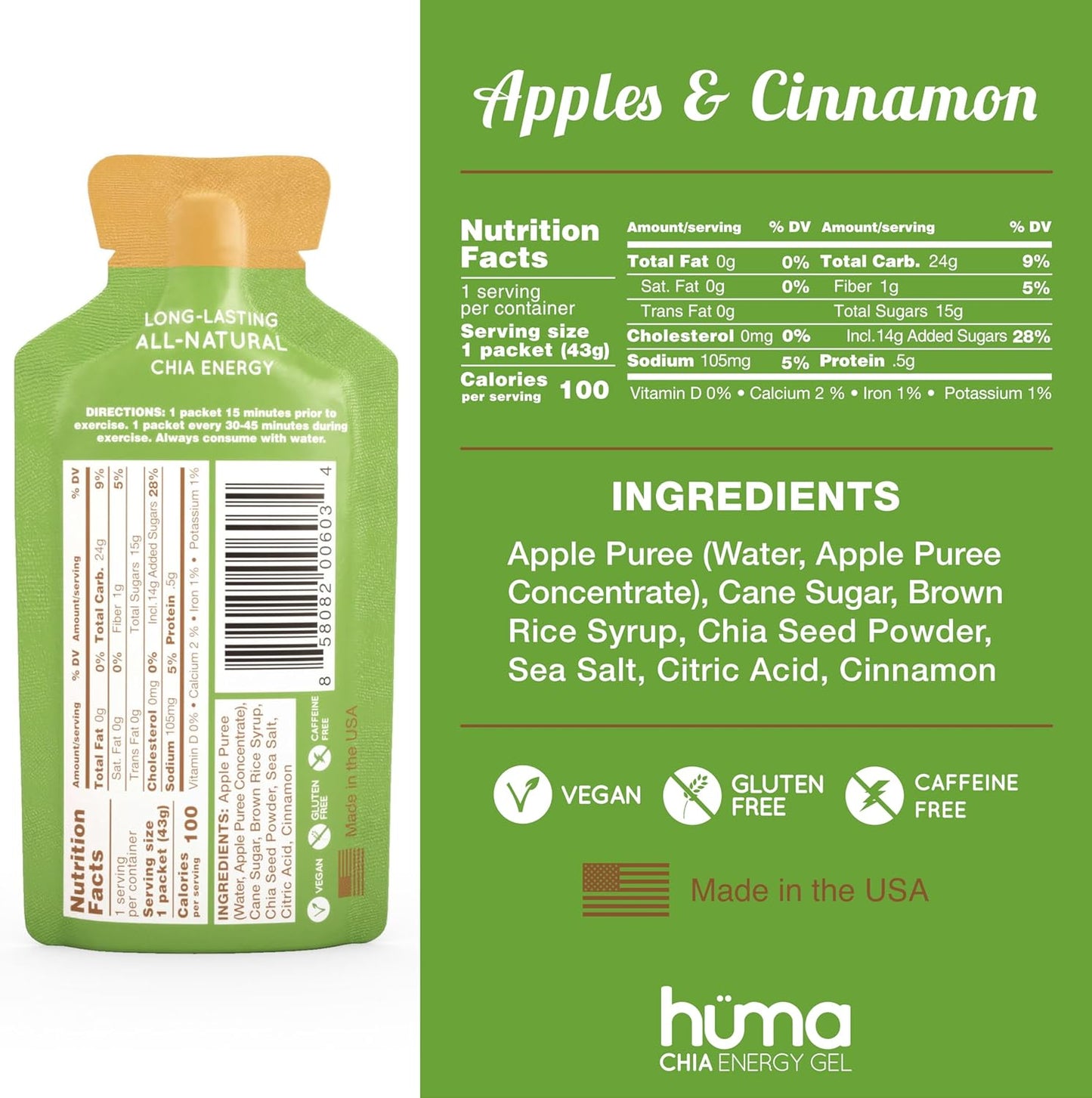 Huma Chia Energy Gel, Apples & Cinnamon, 12 Gels - Premier Sports Nutrition for Endurance Exercise