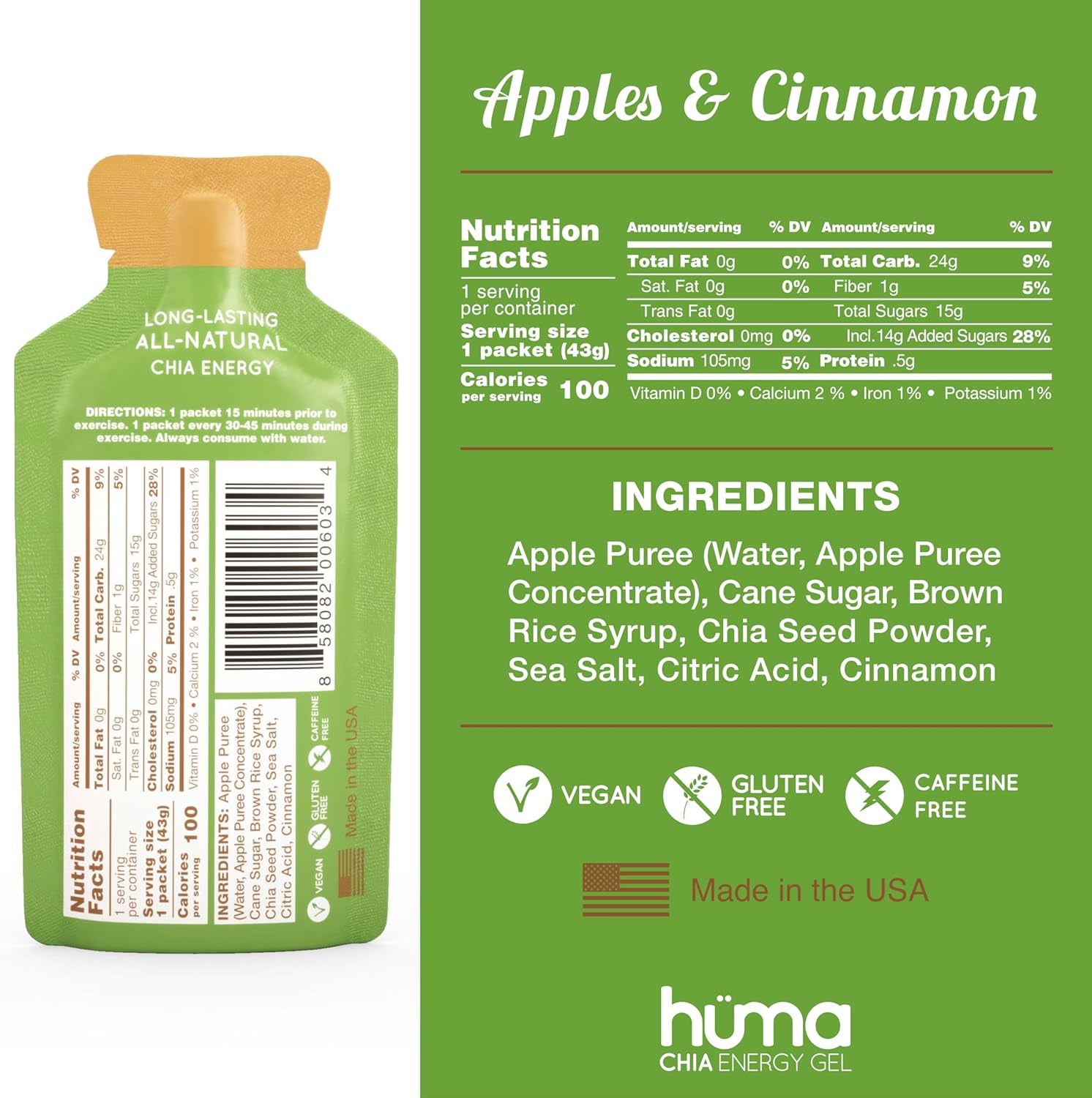Huma Chia Energy Gel, Apples & Cinnamon, 12 Gels - Premier Sports Nutrition for Endurance Exercise